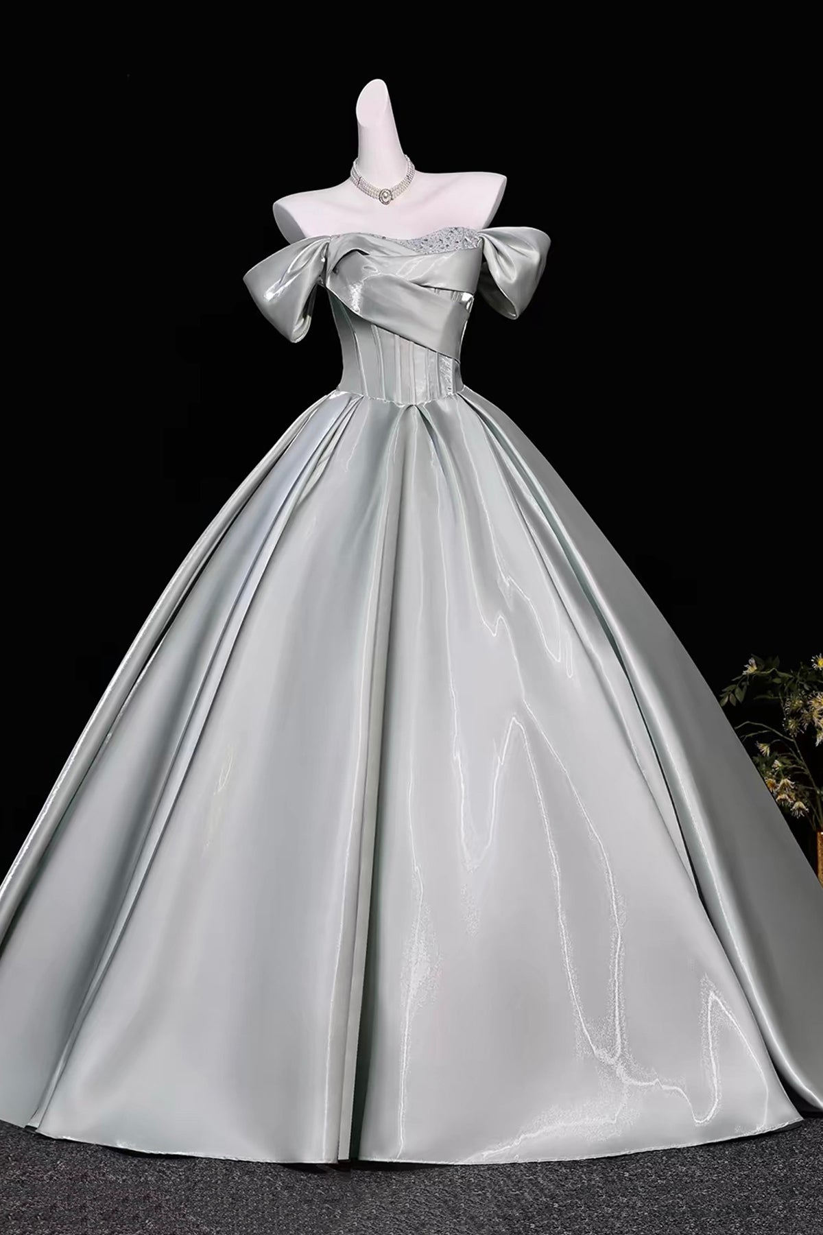Dusty Green Off Shoulder Satin Prom Dress Corset A-Line Long Evening Gown