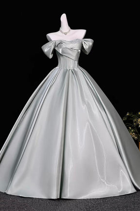 Dusty Green Off Shoulder Satin Prom Dress Corset A-Line Long Evening Gown