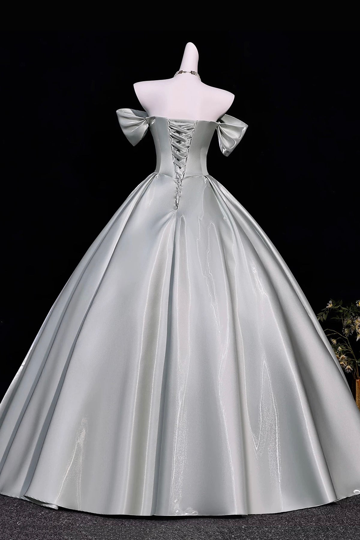 Dusty Green Off Shoulder Satin Prom Dress Corset A-Line Long Evening Gown