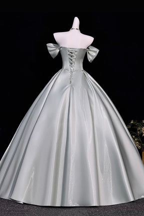 Dusty Green Off Shoulder Satin Prom Dress Corset A-Line Long Evening Gown