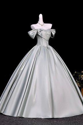 Dusty Green Off Shoulder Satin Prom Dress Corset A-Line Long Evening Gown