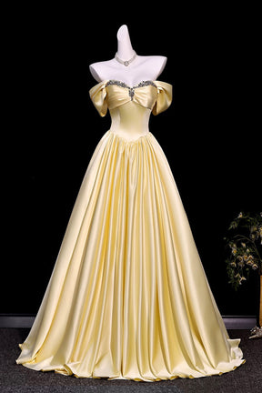 Yellow Off Shoulder Satin Prom Dress Crystal Sweetheart Corset A-Line Long Evening Gown