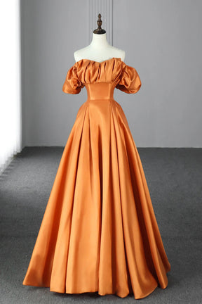 Orange Satin A-Line Floor Length Prom Dress, Off the Shoulder Evening Party Dress