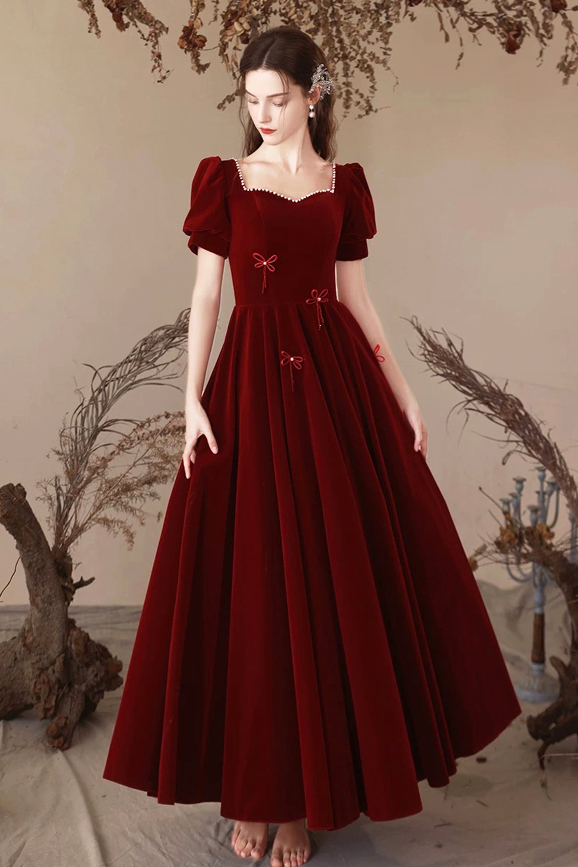 Burgundy Velvet Long Party Dress, A-Line Short Sleeve Evening Prom Dress