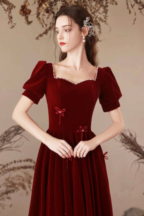 Burgundy Velvet Long Party Dress, A-Line Short Sleeve Evening Prom Dress