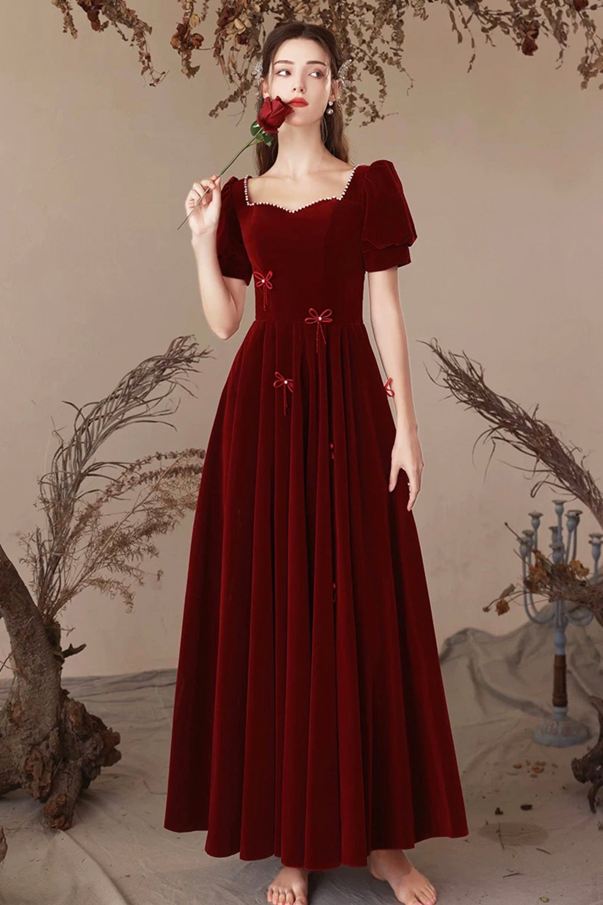 Burgundy Velvet Long Party Dress, A-Line Short Sleeve Evening Prom Dress