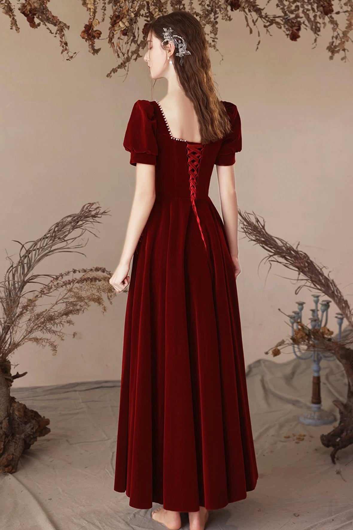 Burgundy Velvet Long Party Dress, A-Line Short Sleeve Evening Prom Dress