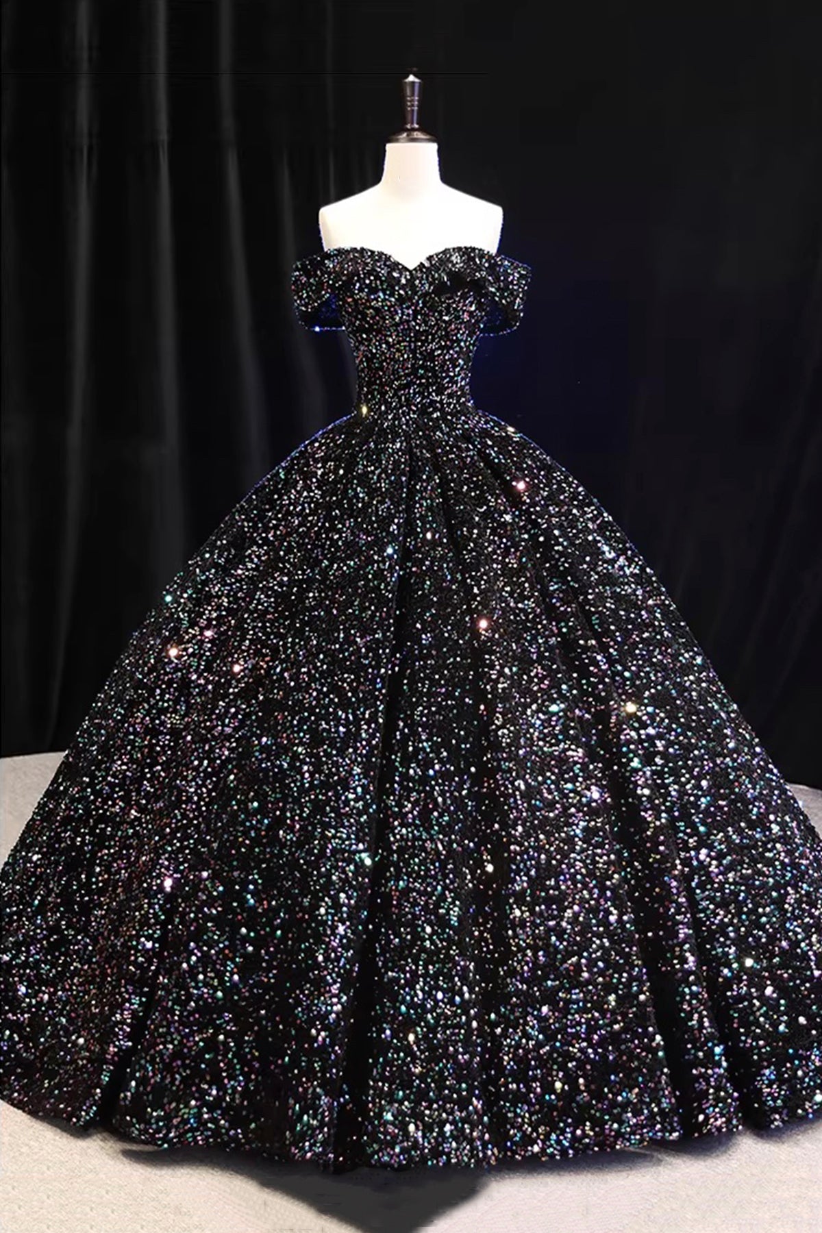 Black Iridescent Sequin Off Shoulder Ball Gown for Formal Events