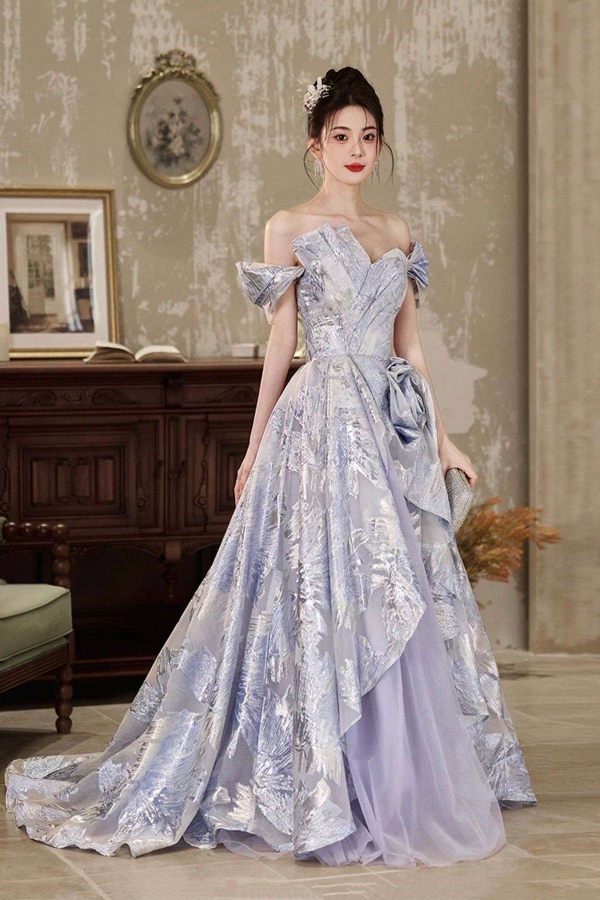 Lavender Silver Jacquard Off Shoulder Ball Gown 3D Flower Tulle Train Formal Evening Dress