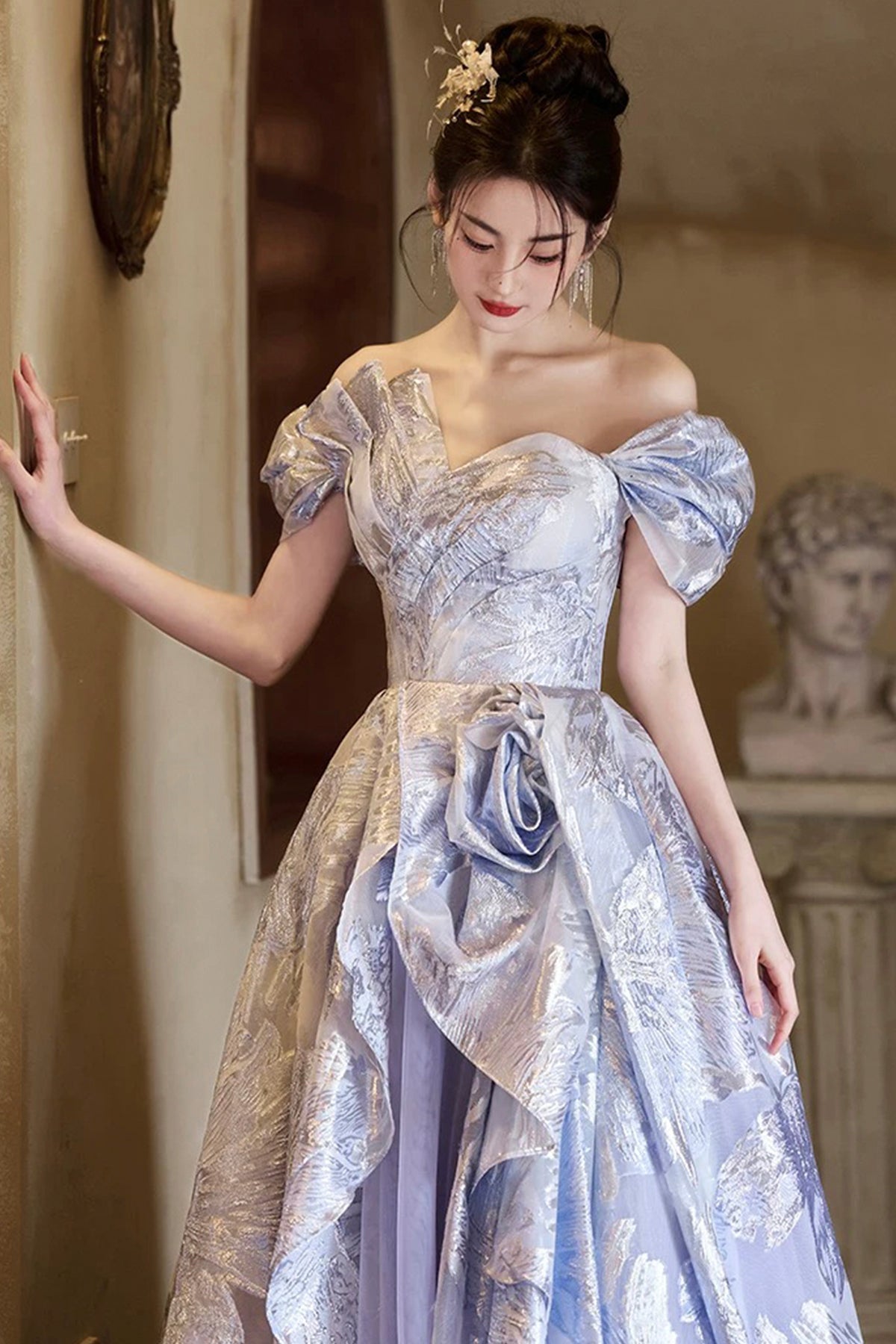 Lavender Silver Jacquard Off Shoulder Ball Gown 3D Flower Tulle Train Formal Evening Dress