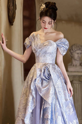 Lavender Silver Jacquard Off Shoulder Ball Gown 3D Flower Tulle Train Formal Evening Dress
