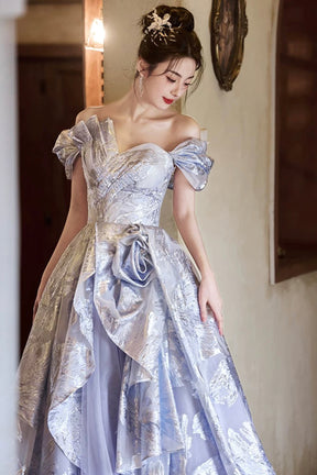Lavender Silver Jacquard Off Shoulder Ball Gown 3D Flower Tulle Train Formal Evening Dress