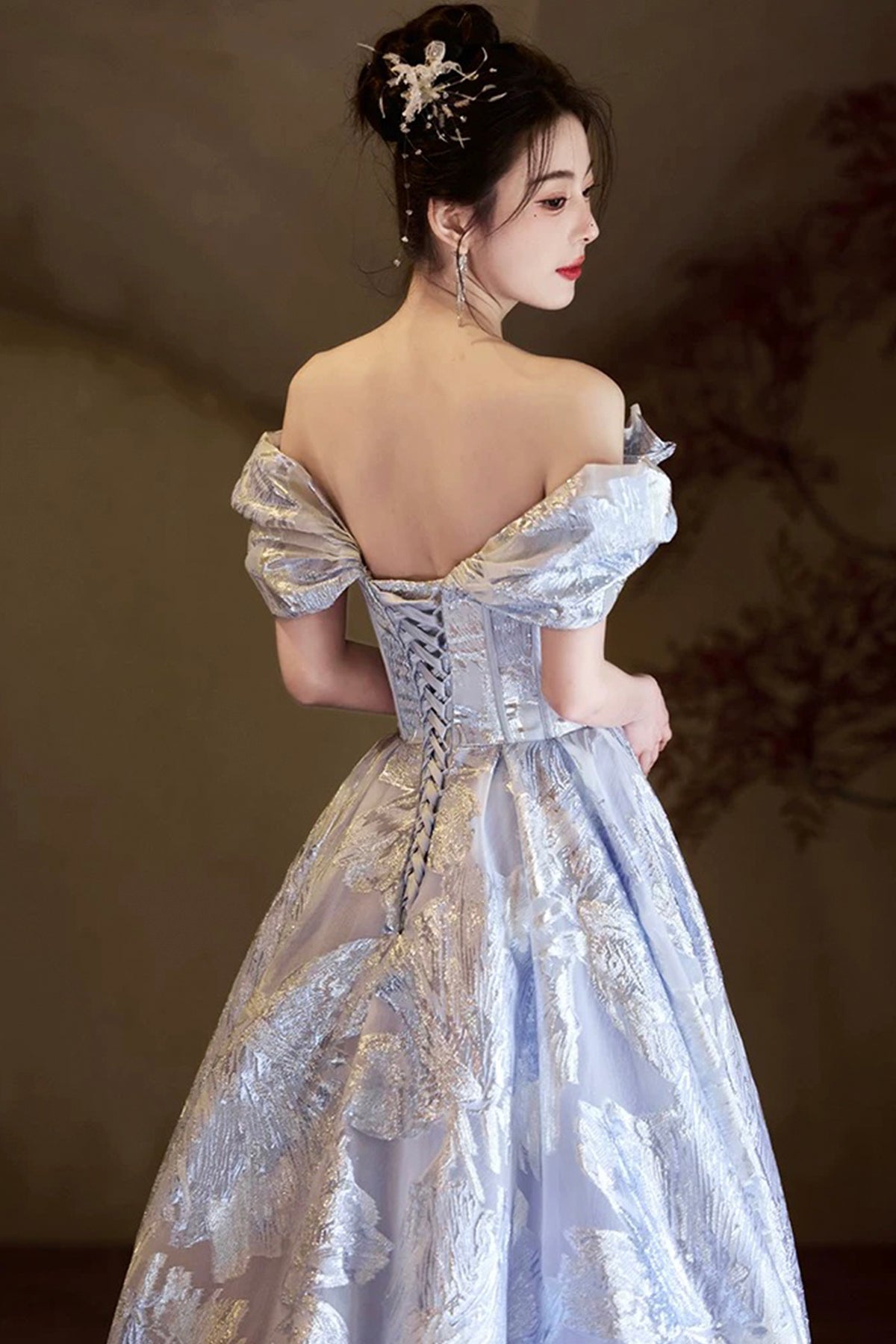 Lavender Silver Jacquard Off Shoulder Ball Gown 3D Flower Tulle Train Formal Evening Dress