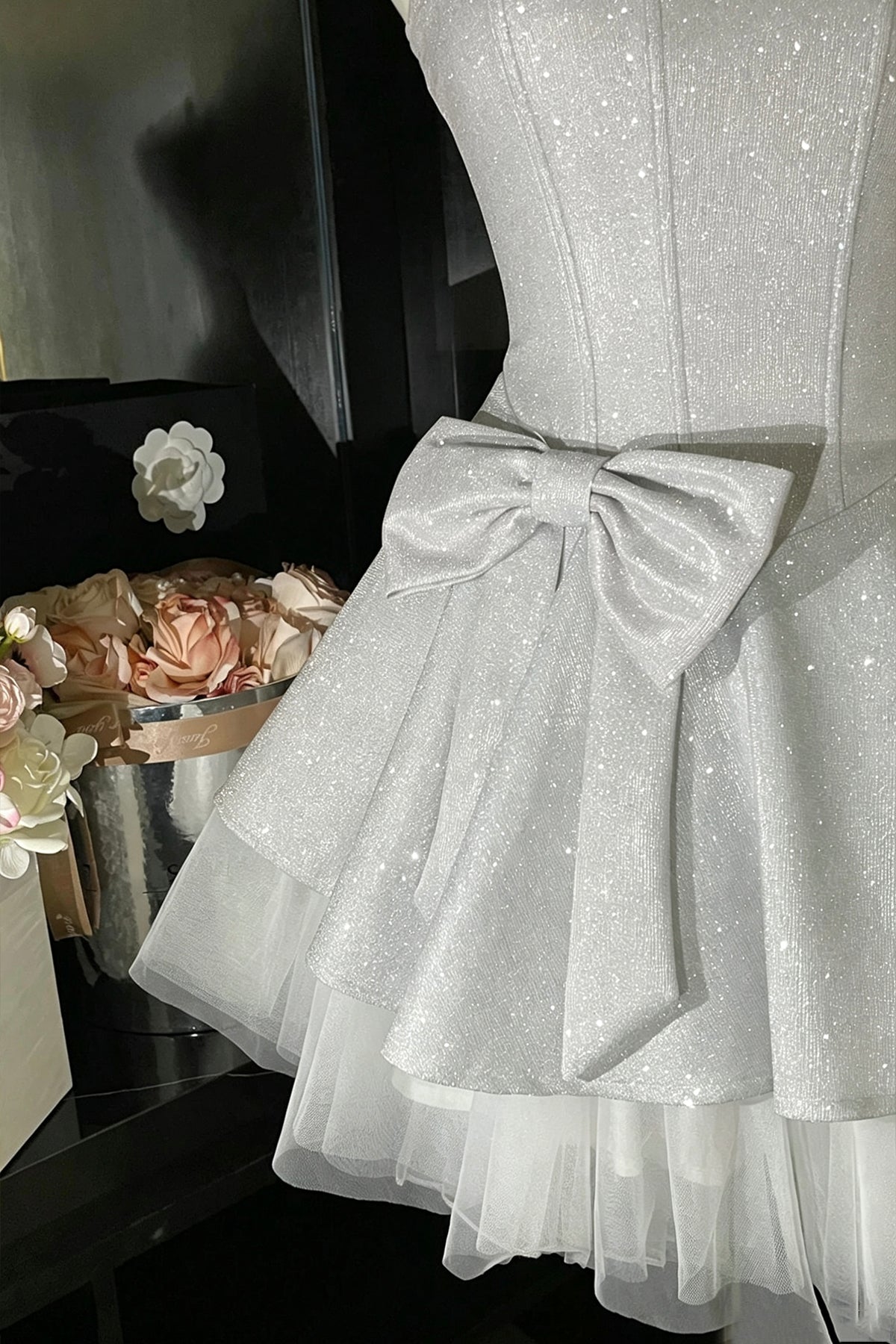 Sparkly Silver Glitter Mini Homecoming Dress Spaghetti Strap Sweethear Sparkly Silver Glitter Mini Homecoming Dress Spaghetti Strap Sweethear