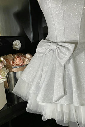Sparkly Silver Glitter Mini Homecoming Dress Spaghetti Strap Sweetheart Corset Tutu Prom Gown