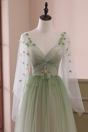 Beautiful Gradient Tulle Green Long Sleeves Party Dress, Green Evening Formal Dresses