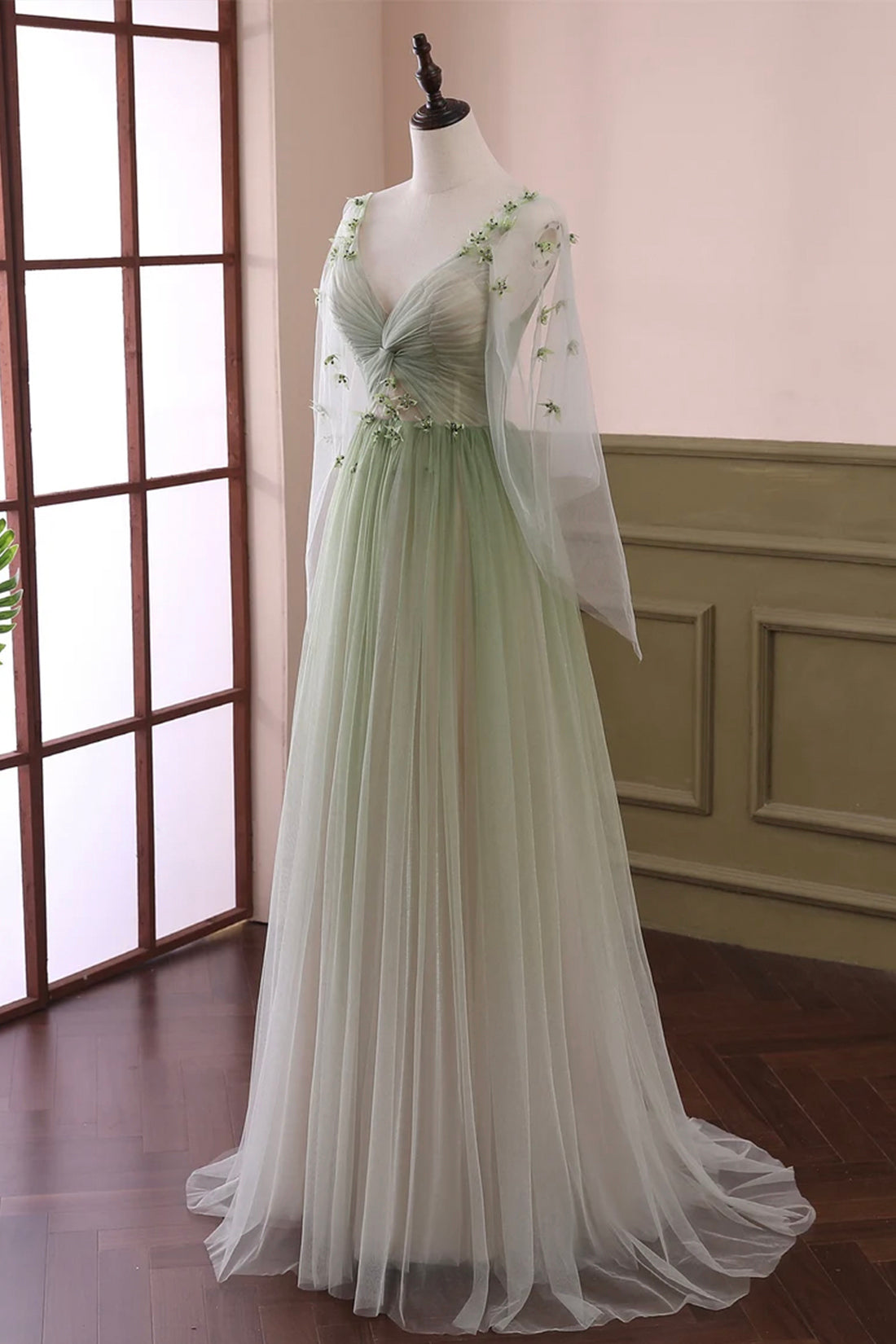 Beautiful Gradient Tulle Green Long Sleeves Party Dress, Green Evening Beautiful Gradient Tulle Green Long Sleeves Party Dress, Green Evening