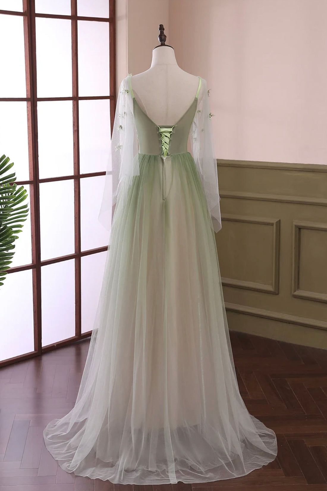 Beautiful Gradient Tulle Green Long Sleeves Party Dress, Green Evening Beautiful Gradient Tulle Green Long Sleeves Party Dress, Green Evening