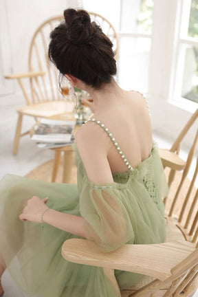 Green Spaghetti Strap Tulle Short Prom Dress, Green A-Line Homecoming Dress