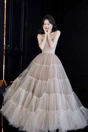 Luxury Champagne Tiered Tulle Evening Gown Strapless Ball Gown