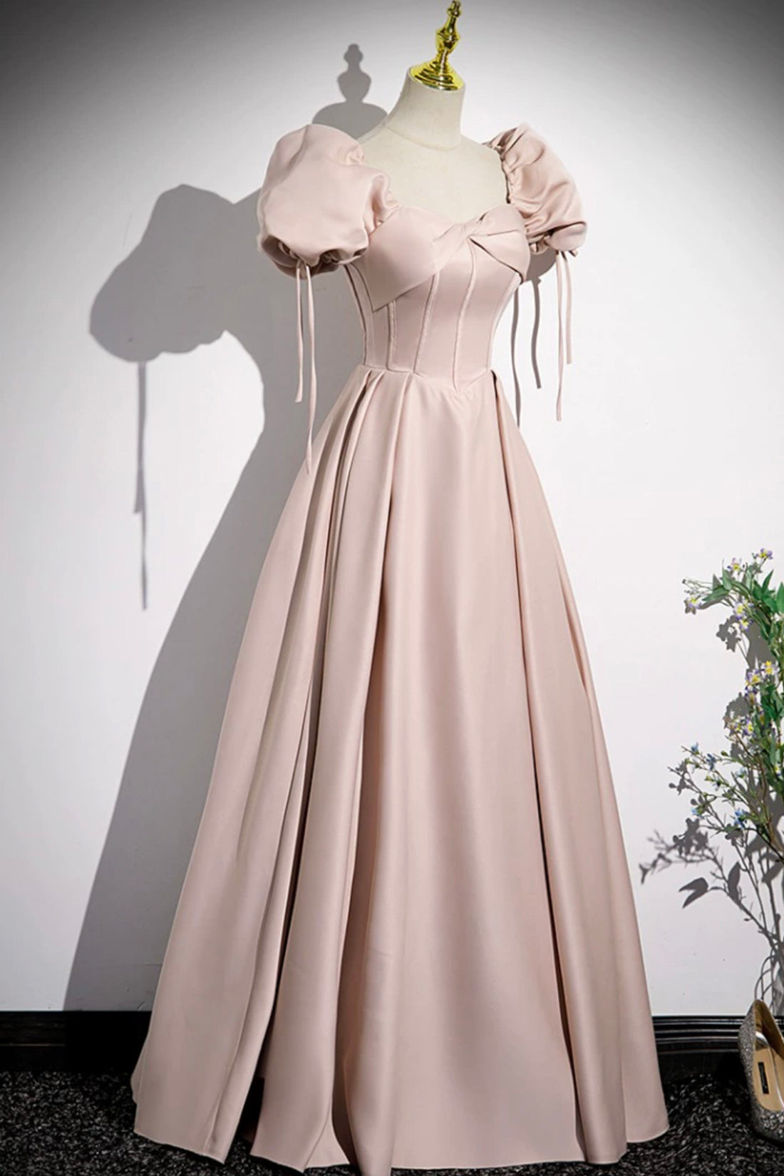 A-Line Satin Floor Length Pink Corset Prom Dress, Off the Shoulder Eve A-Line Satin Floor Length Pink Corset Prom Dress, Off the Shoulder Eve