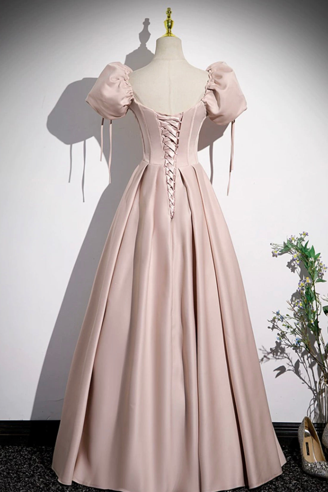 A-Line Satin Floor Length Pink Corset Prom Dress, Off the Shoulder Eve A-Line Satin Floor Length Pink Corset Prom Dress, Off the Shoulder Eve