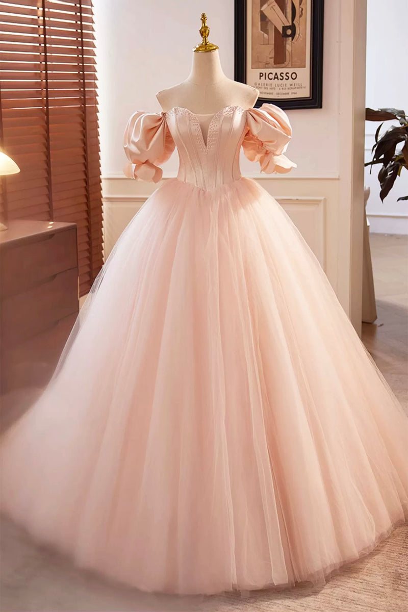 Romantic Off-the-Shoulder Short-Sleeve Beaded Blush Pink Long Prom Dresses main image 0