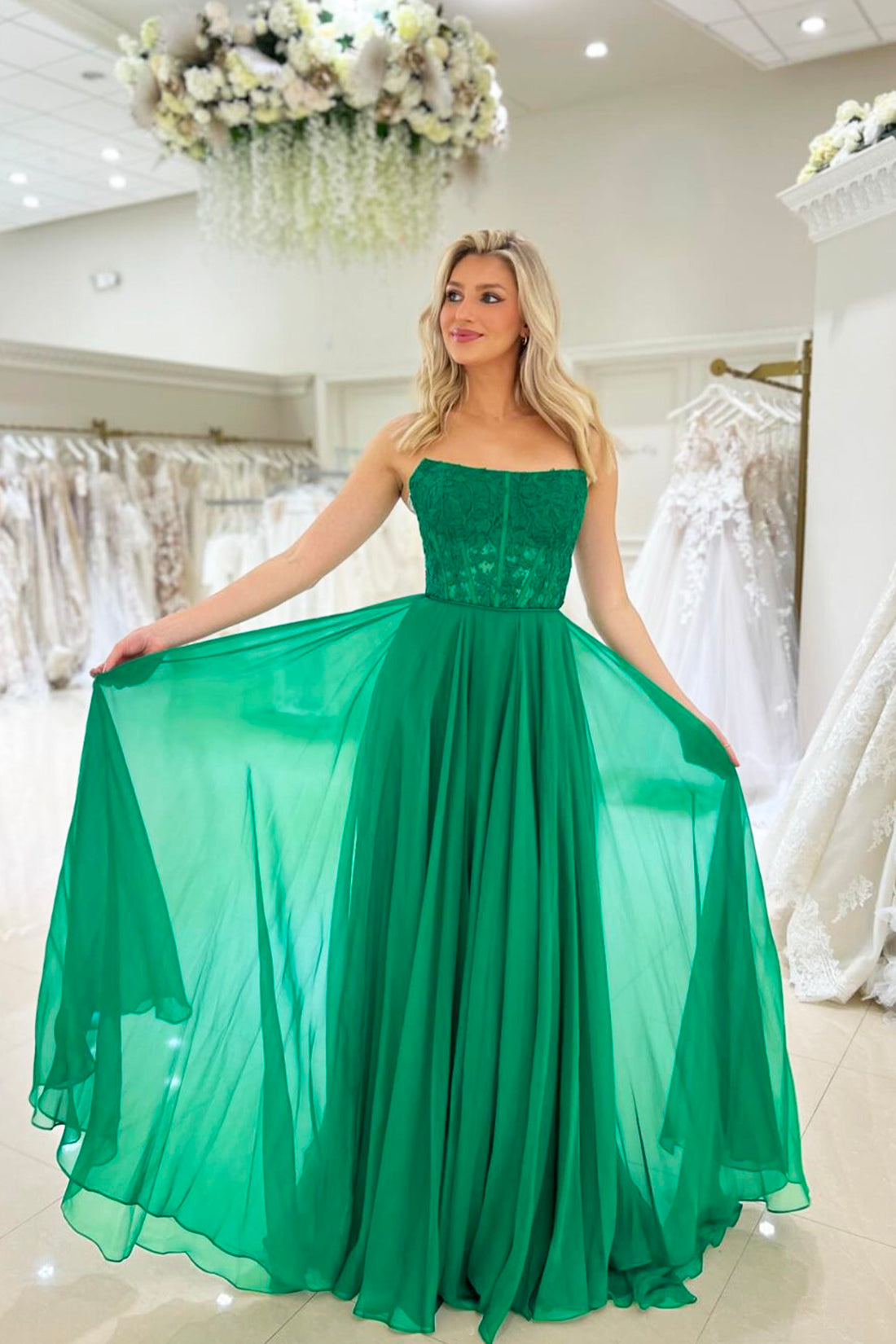 A-Line Green Chiffon Lace Long Prom Dress, Beautiful Strapless Floor Length Evening Party Dress