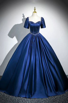 Blue Satin Long A-Line Prom Dress with Pearls, Elegant Short Sleeve Evening Party Dress