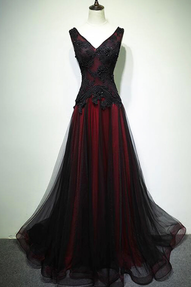 Black and Red V-Neck Tulle Long Prom Dress, Lace Evening Dress Black and Red V-Neck Tulle Long Prom Dress, Lace Evening Dress