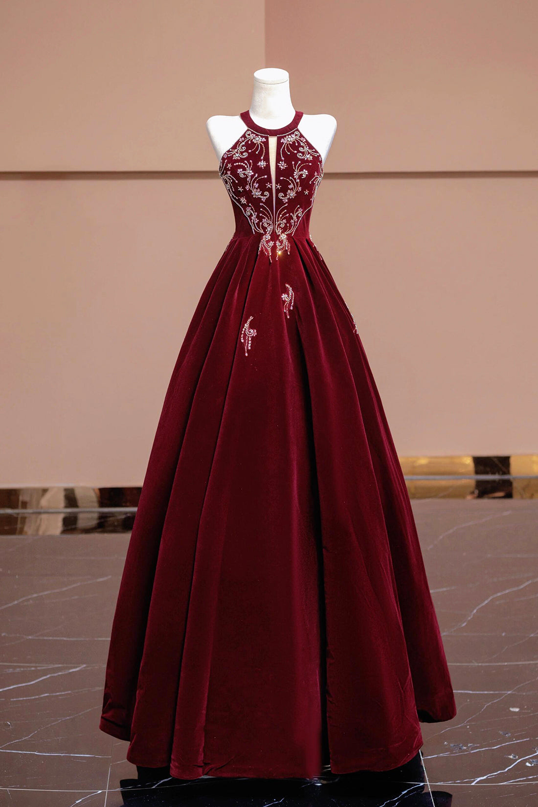 Burgundy Velvet Beaded Long Prom Dress, Elegant A-Line Evening Party Dress