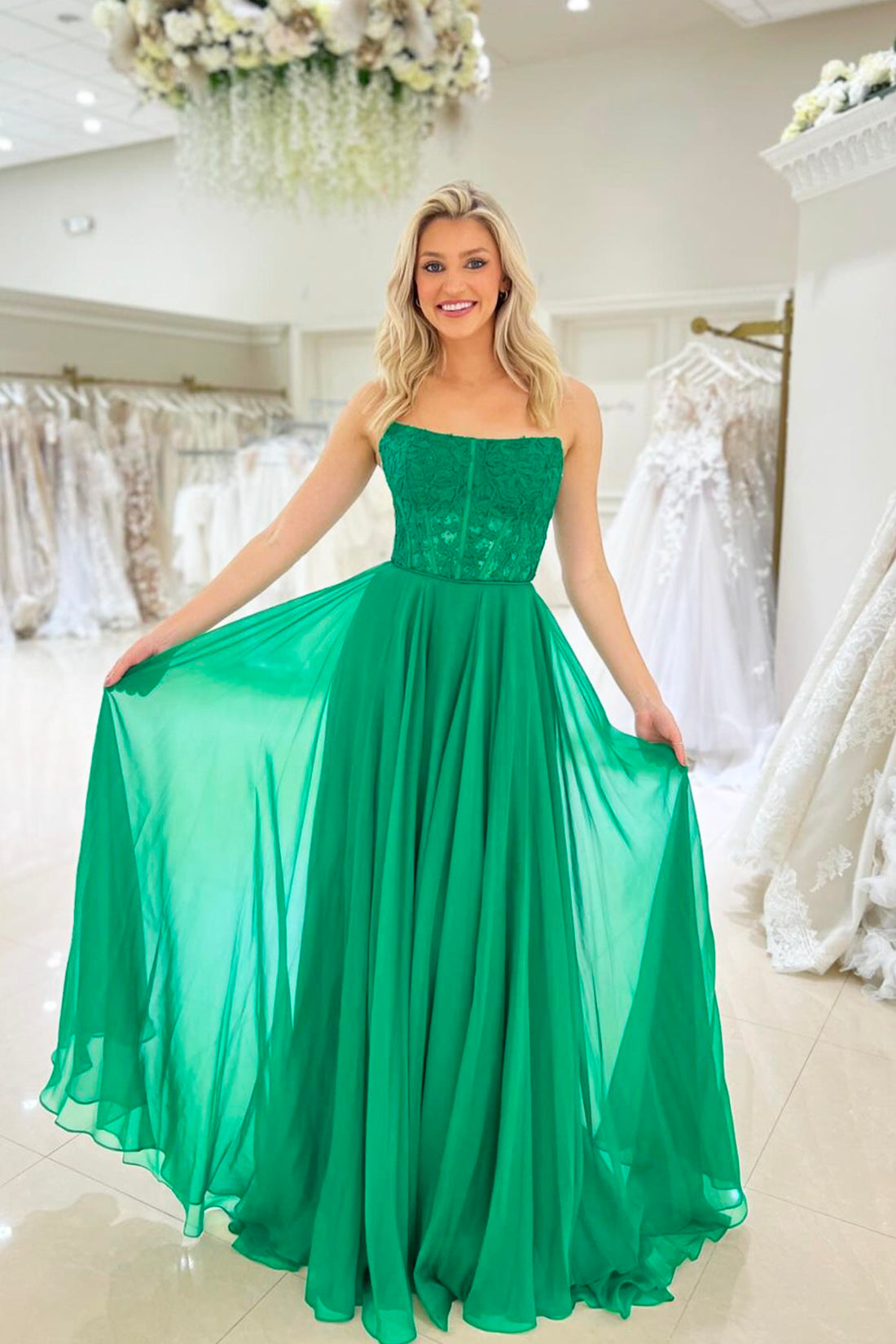 A-Line Green Chiffon Lace Long Prom Dress, Beautiful Strapless Floor Length Evening Party Dress