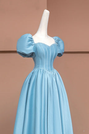 Blue Satin Long A-Line Prom Dress with Pearls, Cute Short Sleeve Evening Dress