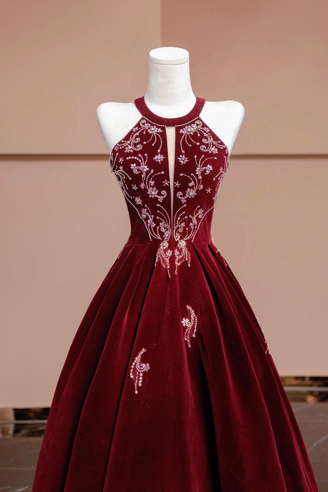 Burgundy Velvet Beaded Long Prom Dress, Elegant A-Line Evening Party Dress