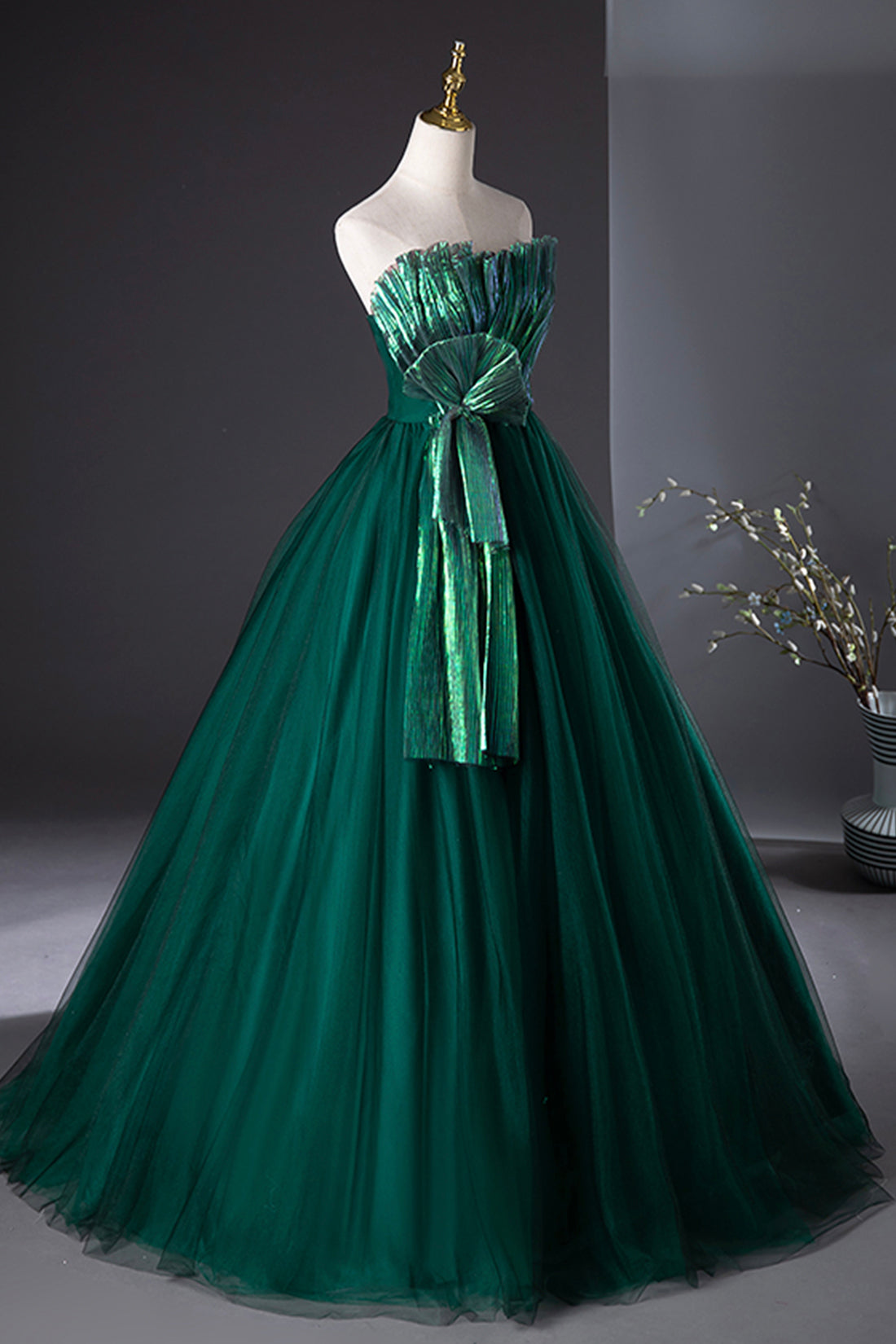 Dark Green Strapless Tulle Long Prom Dress, Beautiful A-Line Formal Ev Dark Green Strapless Tulle Long Prom Dress, Beautiful A-Line Formal Ev