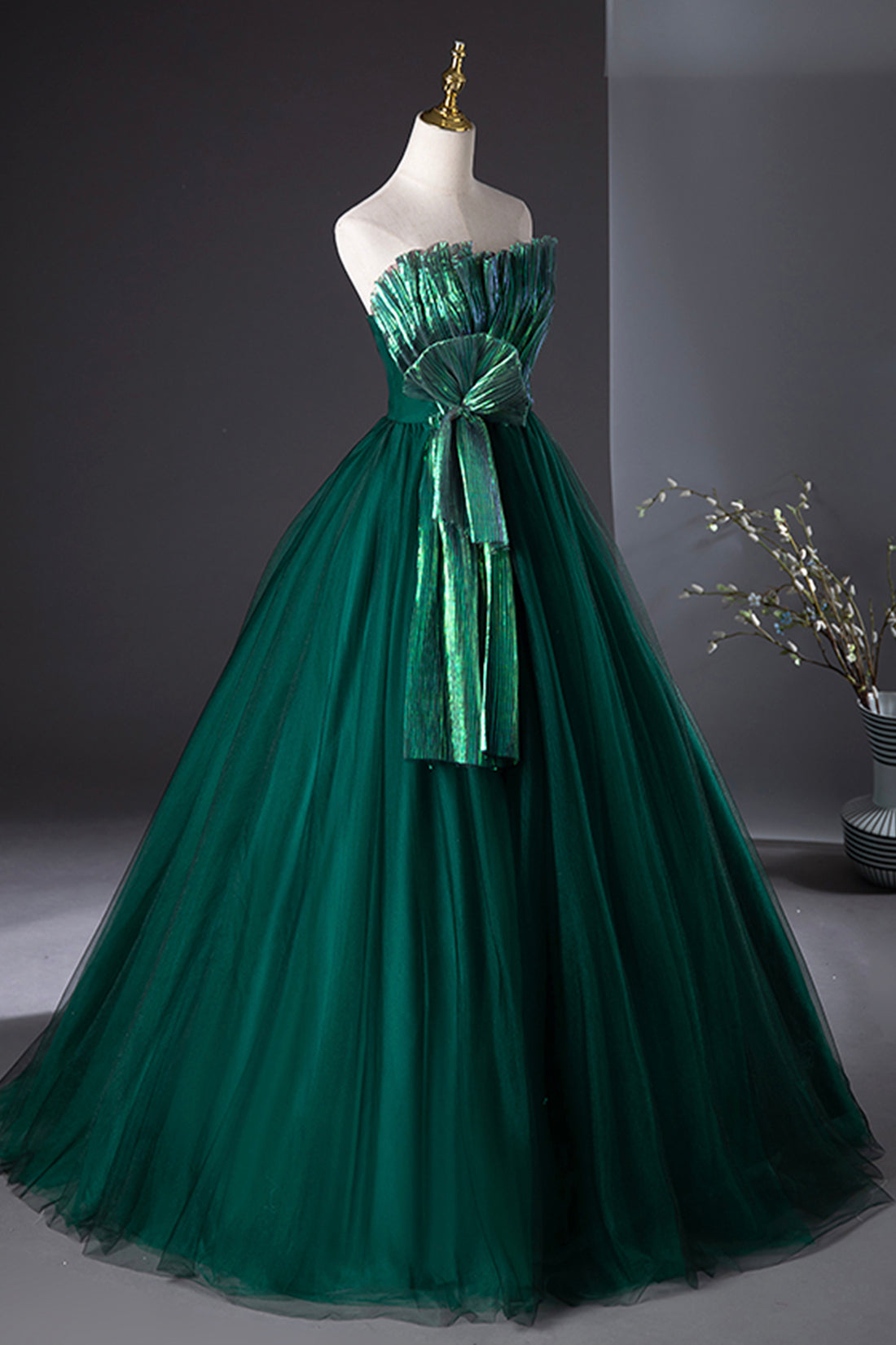 Dark Green Strapless Tulle Long Prom Dress, Beautiful A-Line Formal Evening Dress