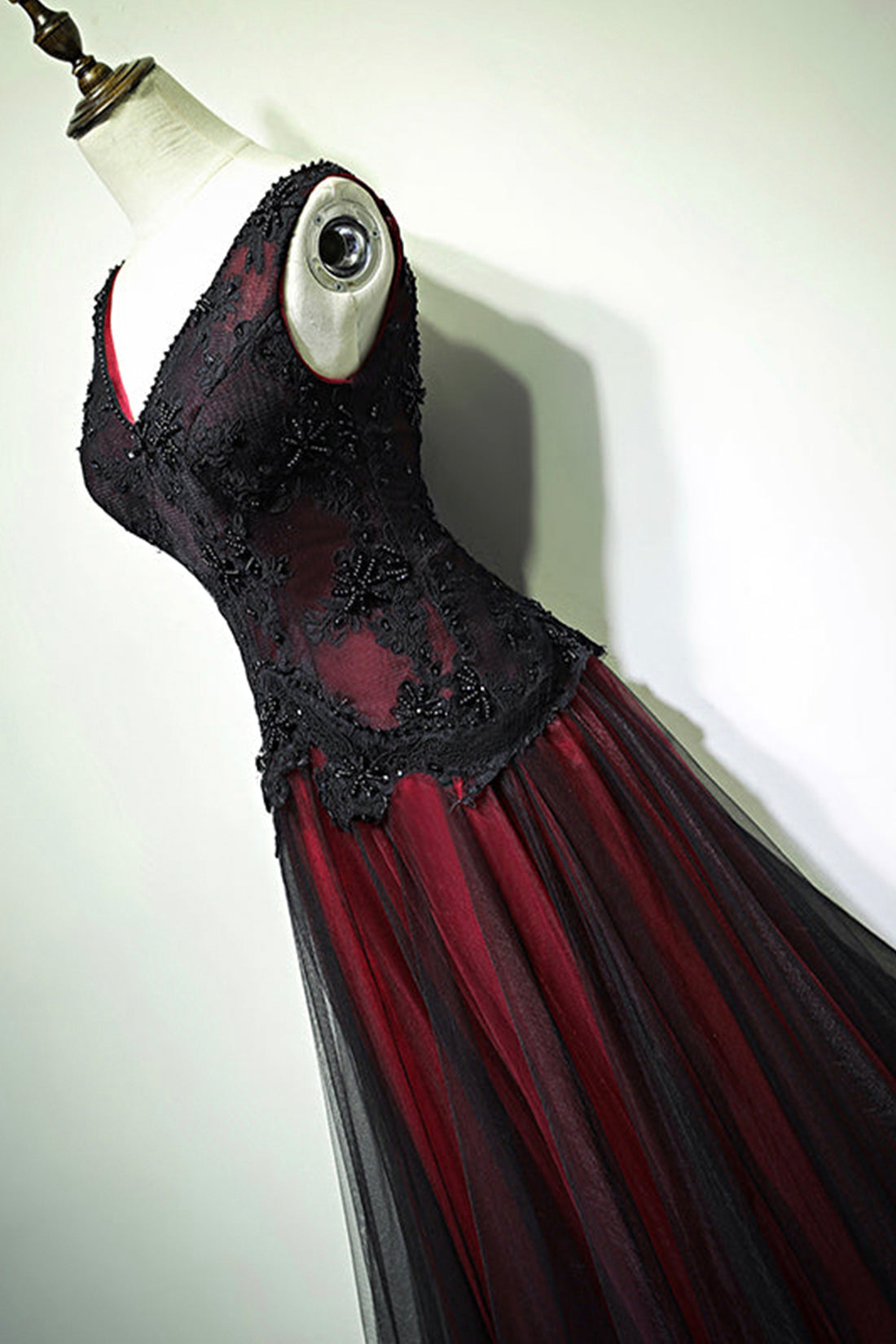 Black and Red V-Neck Tulle Long Prom Dress, Lace Evening Dress Black and Red V-Neck Tulle Long Prom Dress, Lace Evening Dress