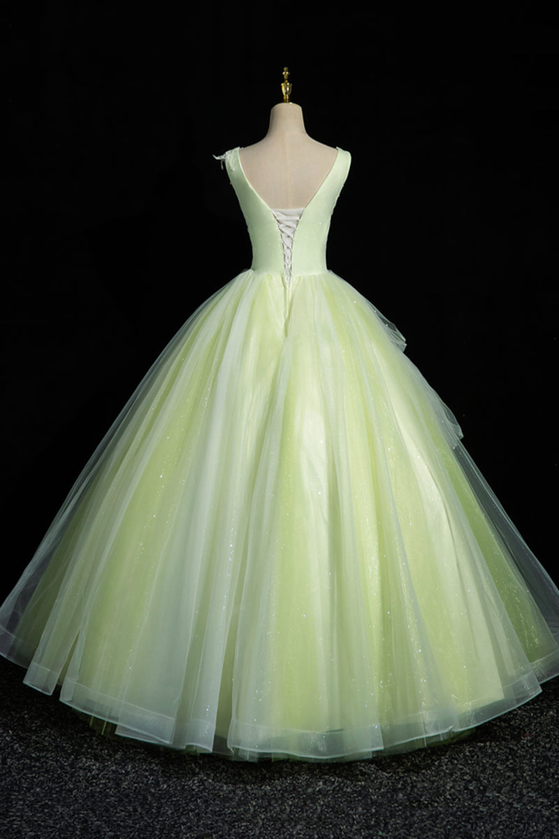 Lace and Tulle Floor Length Dress with V neck Dark Green
