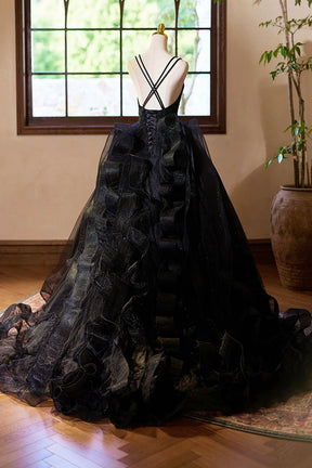 Black V-Neck Tulle Lace Prom Dress, Gorgeous A-Line Evening Party Dress