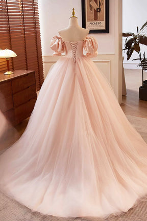 Beautiful Blushing Pink Beading Prom Dresses, Off the Shoulder Puffy Short Sleeve Backless Floor-Length Party Dresses