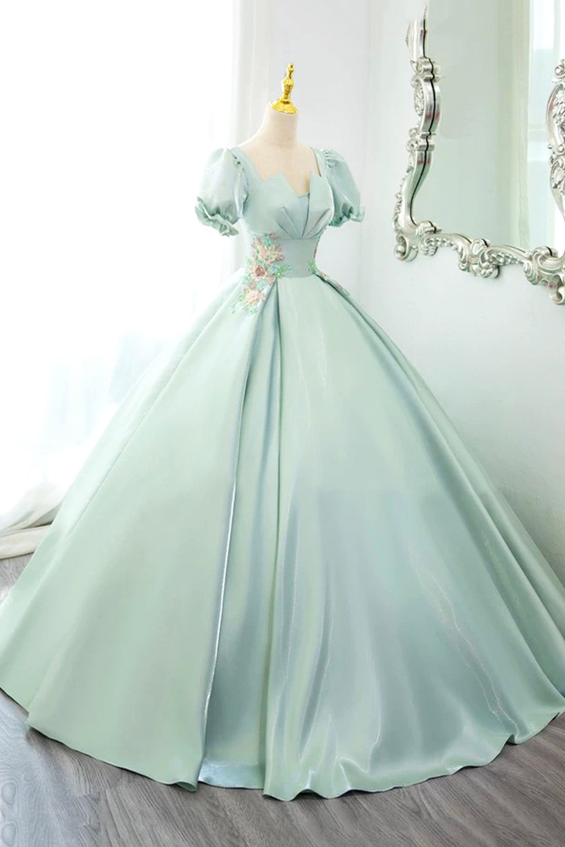 Green Satin Lace Long Prom Dress, Beautiful A-Line Short Sleeve Evenin