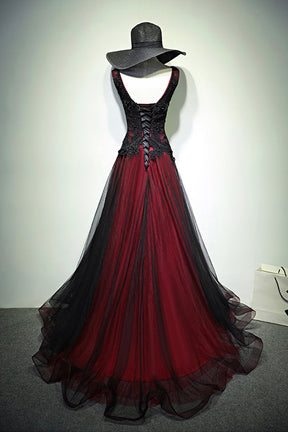 Black and Red V-Neck Tulle Long Prom Dress, Lace Evening Dress