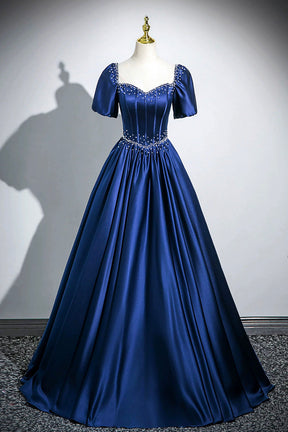 Blue Satin Long A-Line Prom Dress with Pearls, Elegant Short Sleeve Evening Party Dress