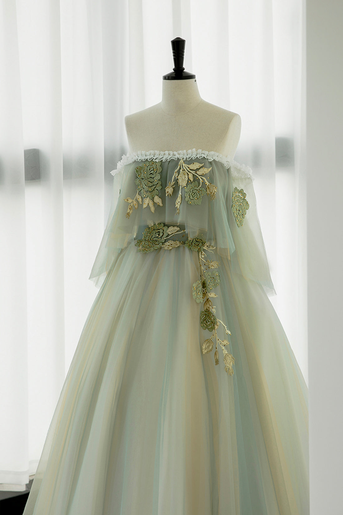 Green Tulle Lace Long Prom Dress, Off Shoulder Evening Formal Dress