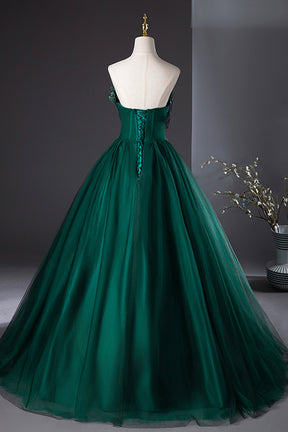Dark Green Strapless Tulle Long Prom Dress, Beautiful A-Line Formal Evening Dress