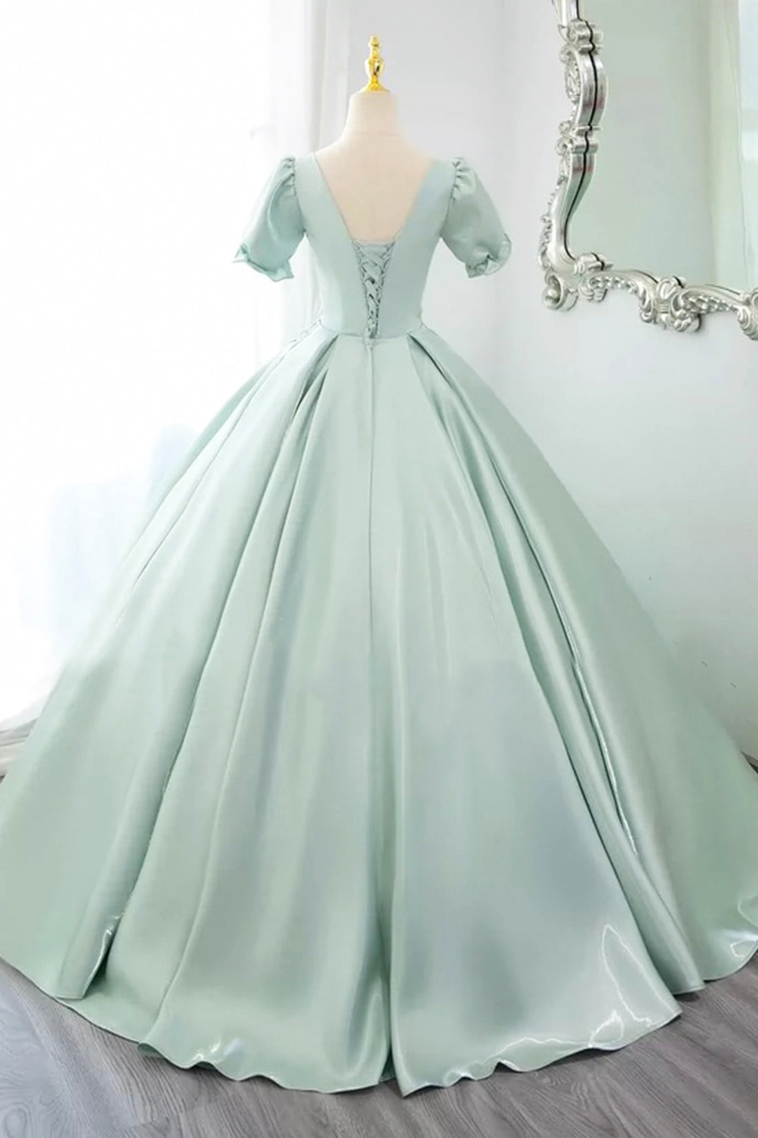 Green Satin Lace Long Prom Dress, Beautiful A-Line Short Sleeve Evening Party Dress