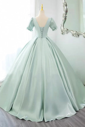 Green Satin Lace Long Prom Dress, Beautiful A-Line Short Sleeve Evening Party Dress