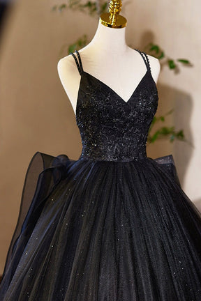 Black V-Neck Tulle Lace Prom Dress, Gorgeous A-Line Evening Party Dress