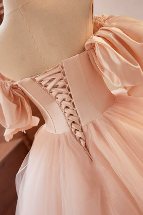 Beautiful Blushing Pink Beading Prom Dresses, Off the Shoulder Puffy Short Sleeve Backless Floor-Length Party Dresses