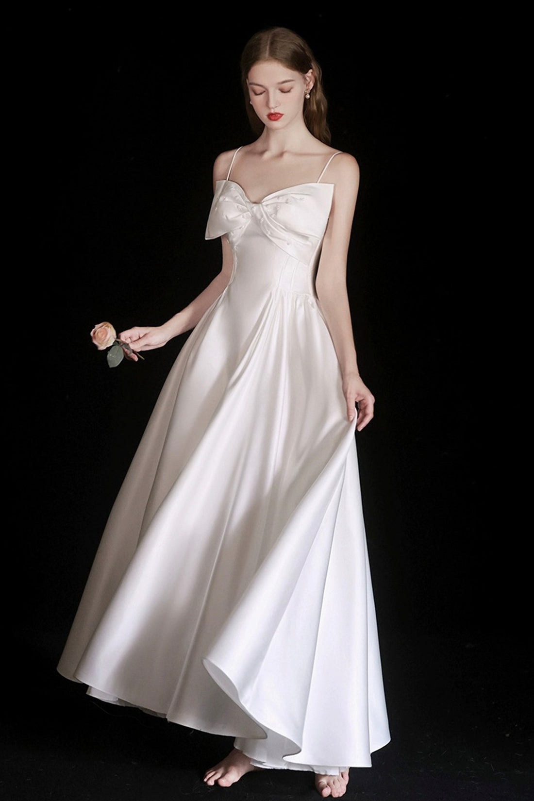 Cute Satin Tea Length Prom Dress, White Spaghetti Strap A-Line Evening Party Dress